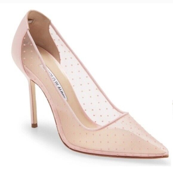 Manolo Blahnik Pink Mesh and Satin Bbla Pointed Toe Pumps Size 37.5 - Picture 2 of 13